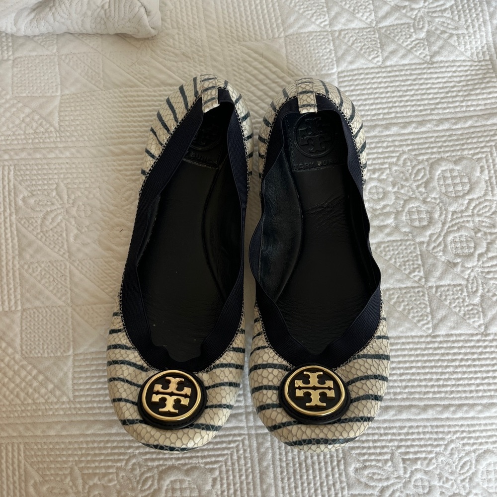 Tory Burch Navy & White Striped Reva Flats with Gold Logo